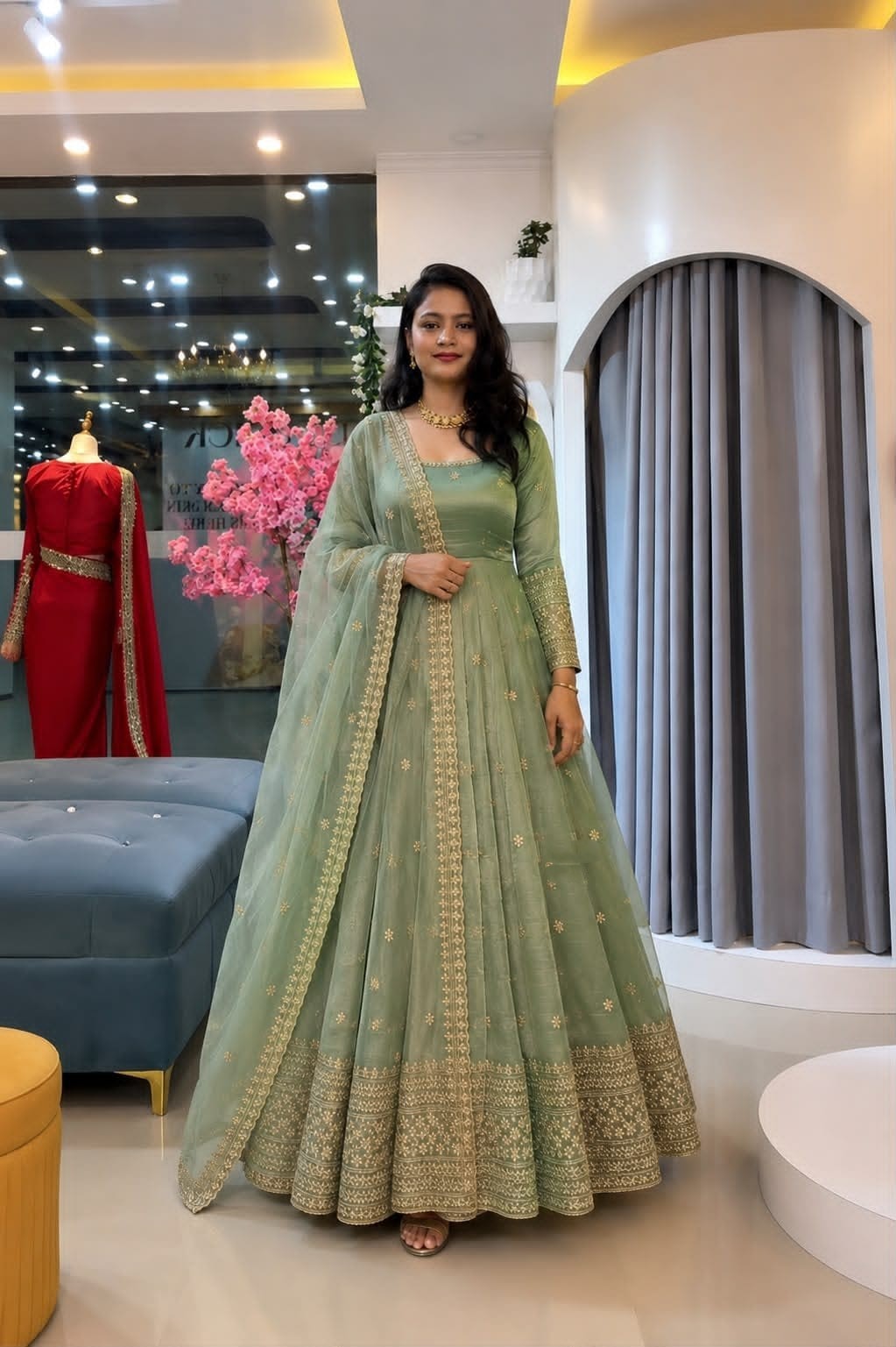 Crunchy Silk Fully Flared Embroidered Sequence Anarkali Set